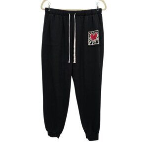 Keith Haring Womens Small Pants Sweatpants Joggers Black Holding Heart Love